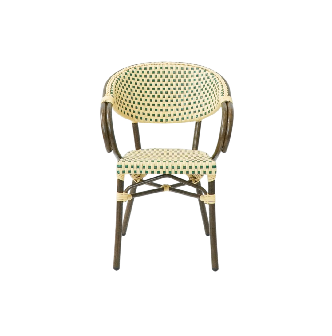 Produktbillede af Paris Caféstol m. armlæn Flet Grøn-beige på tilbud