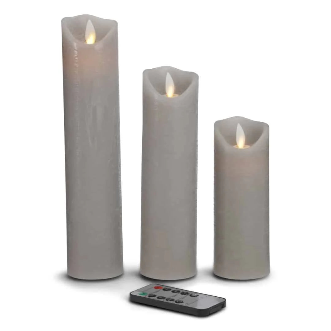 LED stearinlys 3 stk. 15/20/25 cm m/3D flamme (flere farver) Grå