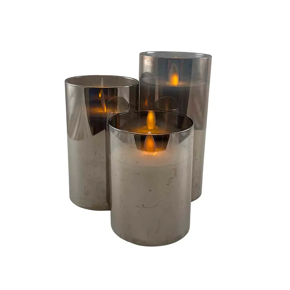LED stearinlys i glas 3 stk. 12/15/17 cm m/3D flamme (flere farver) Grå