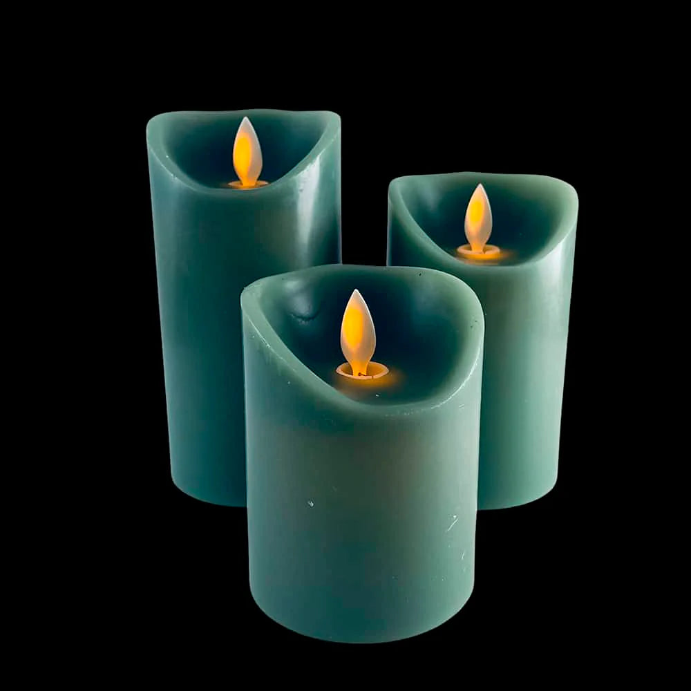 LED blok stearinlys 3 stk. 12/15/17 cm m/3D flamme (Flere farver) Grøn