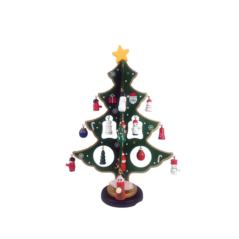 Juletræer i træ hver med 20 håndmalede figurer rød eller grøn (Højde 25,5 cm.) Grøn