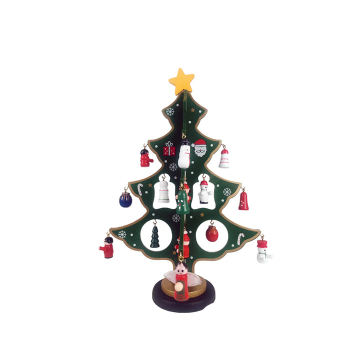 Juletræer i træ hver med 20 håndmalede figurer rød eller grøn (Højde 25,5 cm.) Grøn