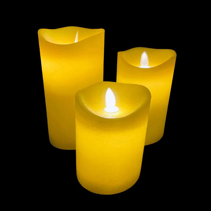 LED blok stearinlys RUSTIK 3 stk. 10/12,5/15 cm m/3D flamme (flere farver) Gul