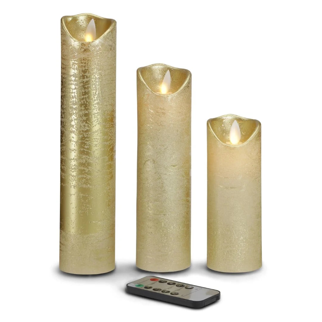 LED stearinlys 3 stk. 15/20/25 cm m/3D flamme (flere farver) Guld