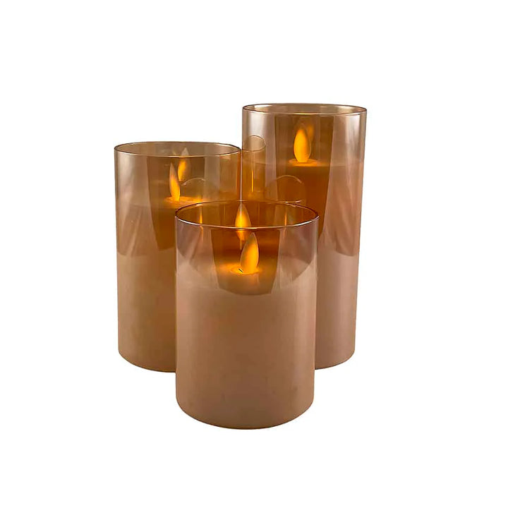 LED stearinlys i glas 3 stk. 12/15/17 cm m/3D flamme (flere farver) Guld