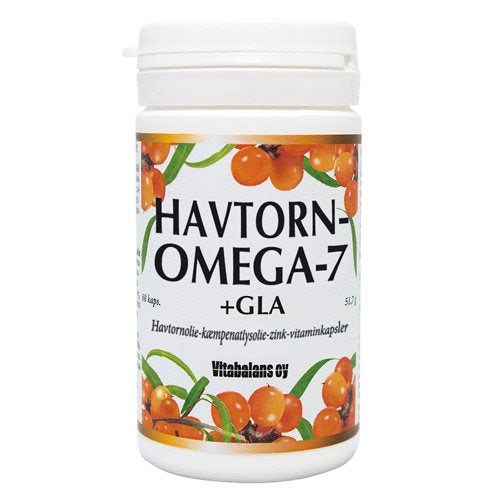 Detaljeret produktbillede af Havtorn Omega 7+GLA 60 kap. på tilbud