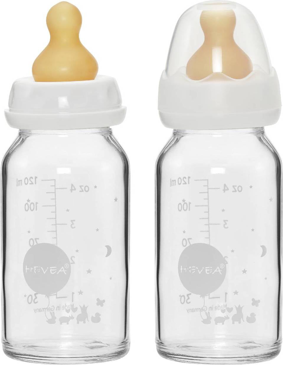 Produktbillede af Hevea Baby Glas sutteflaske Wide Neck 120ml 2-pak på tilbud i brug