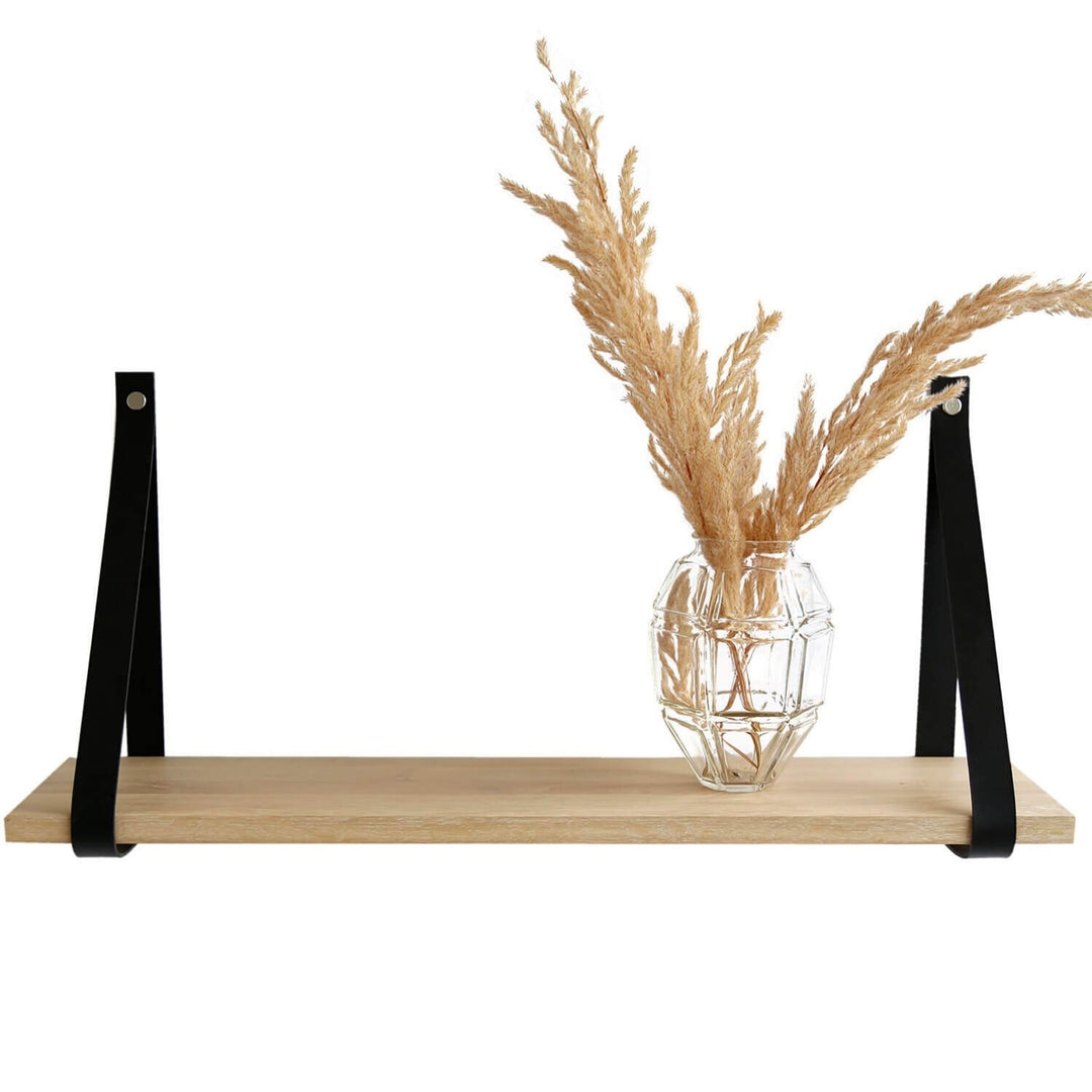 NocNoi Harre Vig væghylde hvidolieret egetræ m. sort læderstrop 50-100 100x20 cm