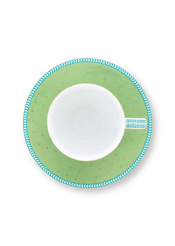 Produktbillede af Espresso Cup & Saucer Jolie Gold Dots Green 120ml på tilbud i høj kvalitet
