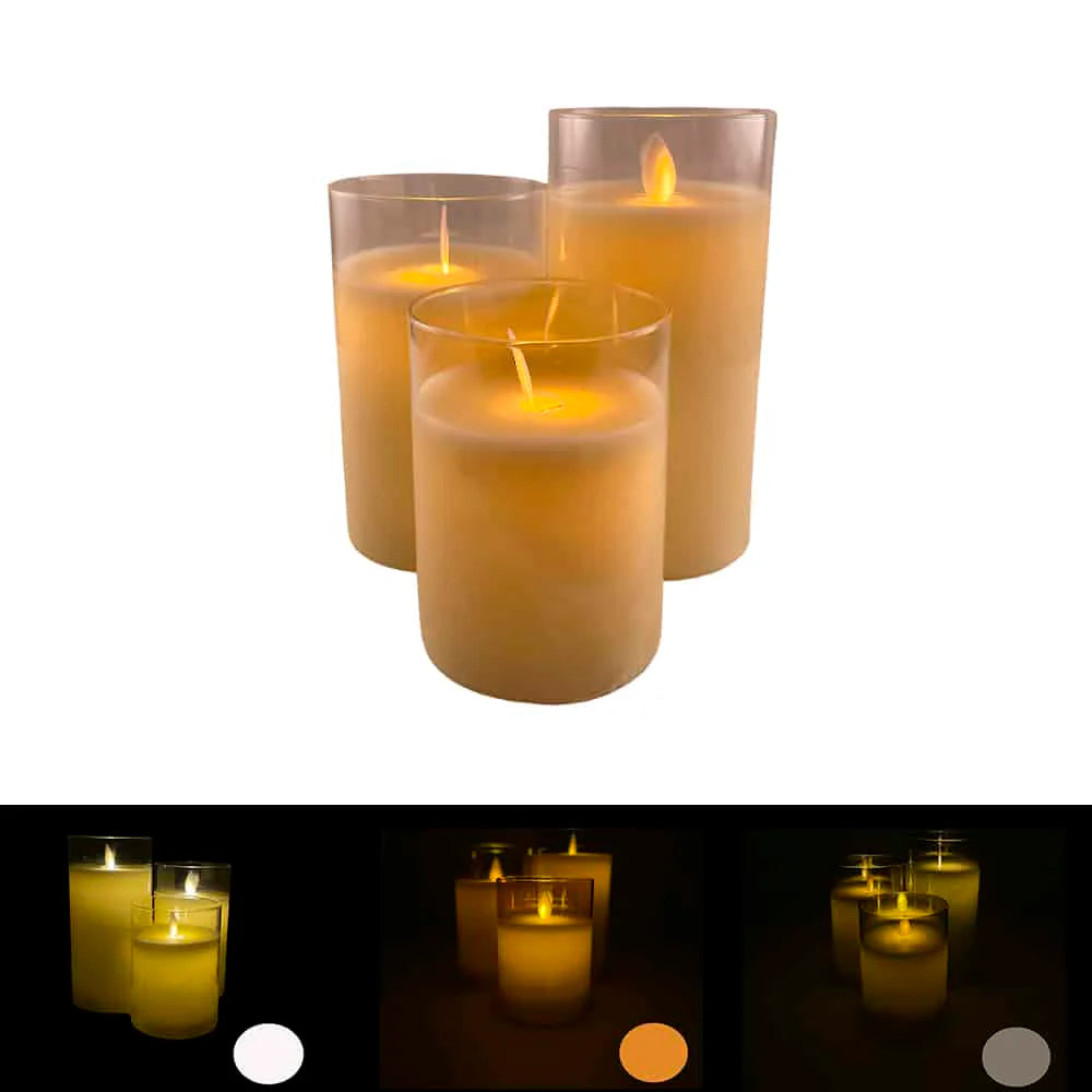 LED stearinlys i glas 3 stk. 12/15/17 cm m/3D flamme (flere farver) Grå
