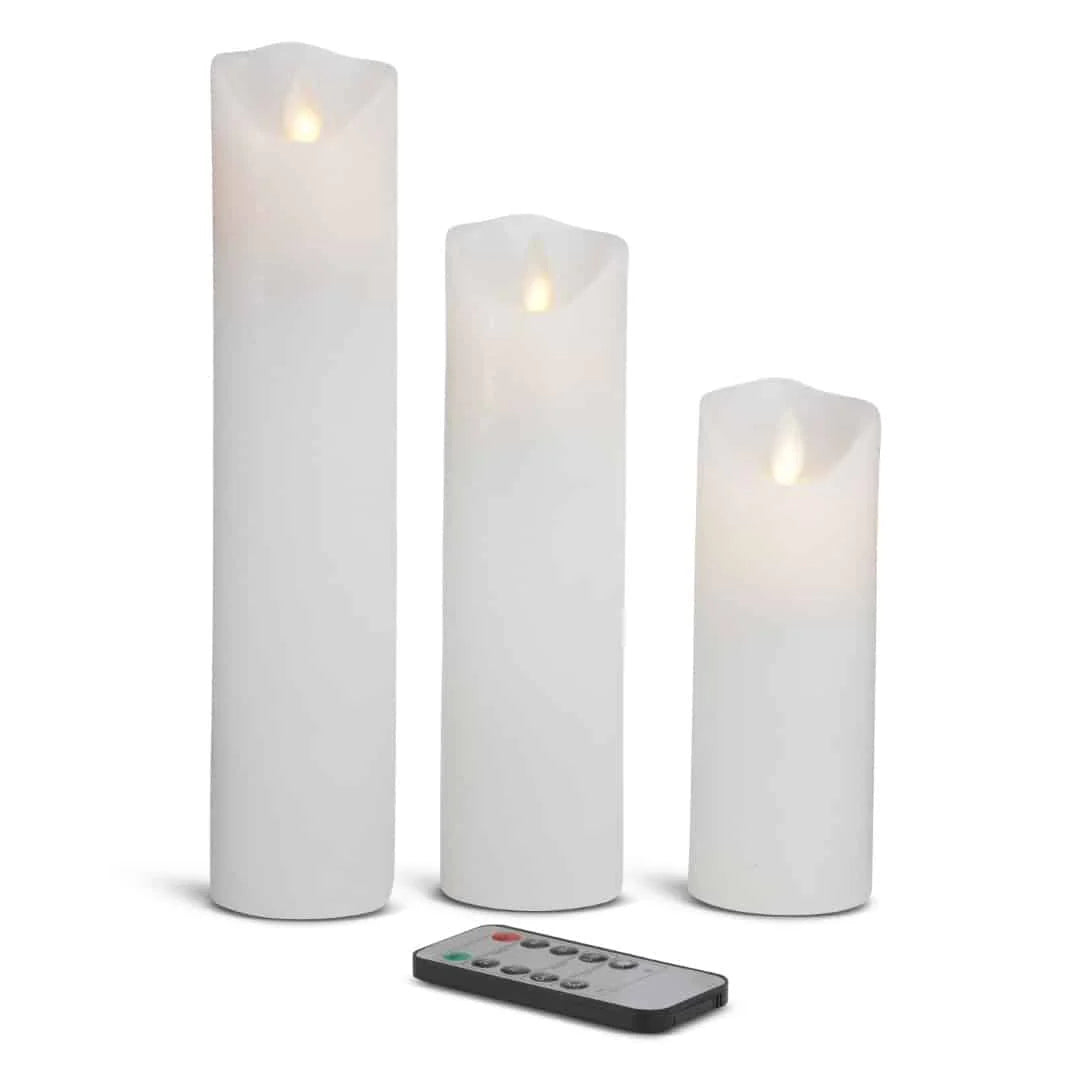LED stearinlys 3 stk. 15/20/25 cm m/3D flamme (flere farver) Hvid