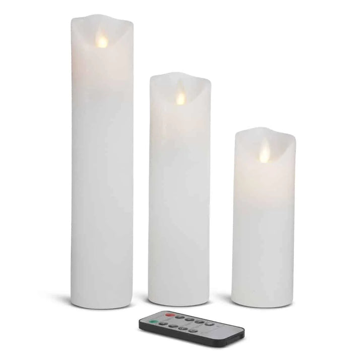 LED stearinlys 3 stk. 15/20/25 cm m/3D flamme (flere farver) Hvid