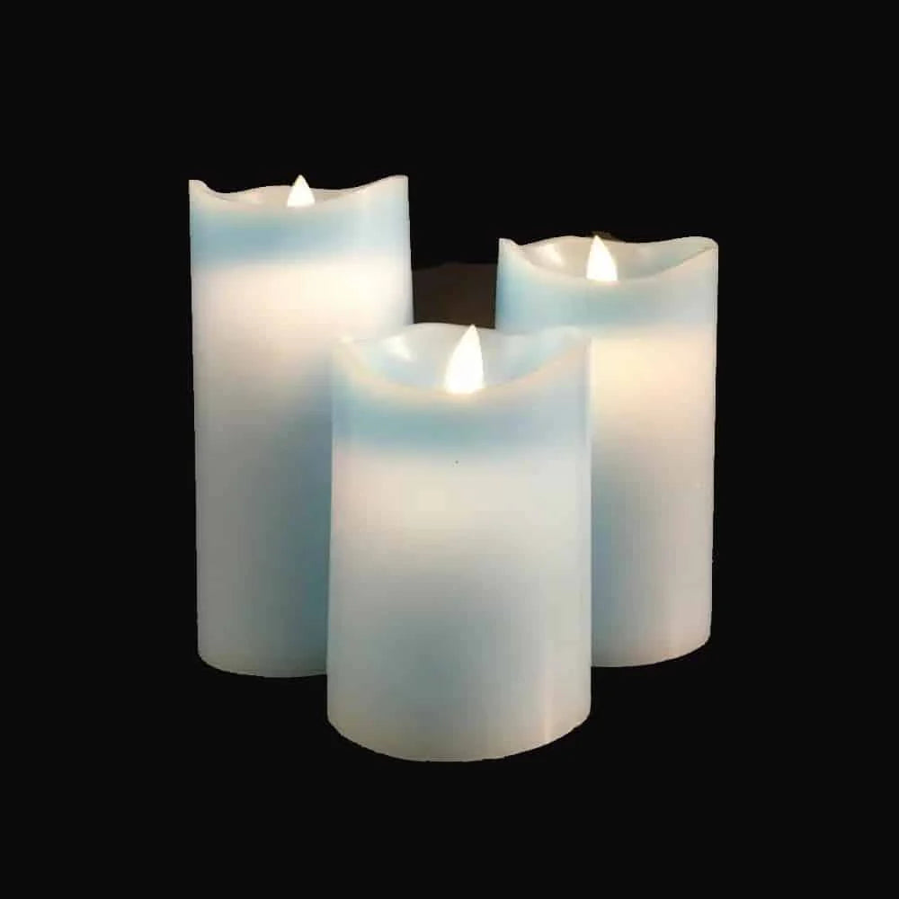 LED blok stearinlys 3 stk. 12/15/17 cm m/3D flamme (Flere farver) Blå