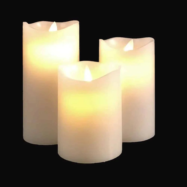 LED blok stearinlys 3 stk. 12/15/17 cm m/3D flamme (Flere farver) Hvid
