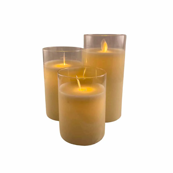 LED stearinlys i glas 3 stk. 12/15/17 cm m/3D flamme (flere farver) Hvid
