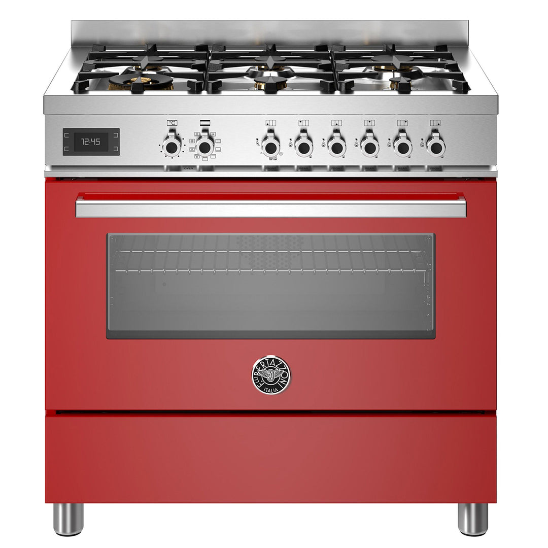 Bertazzoni Bertazzoni PRO96L1EROT Professional gaskomfur med ovn, 90 cm, rød – frontbillede (Gasblus)