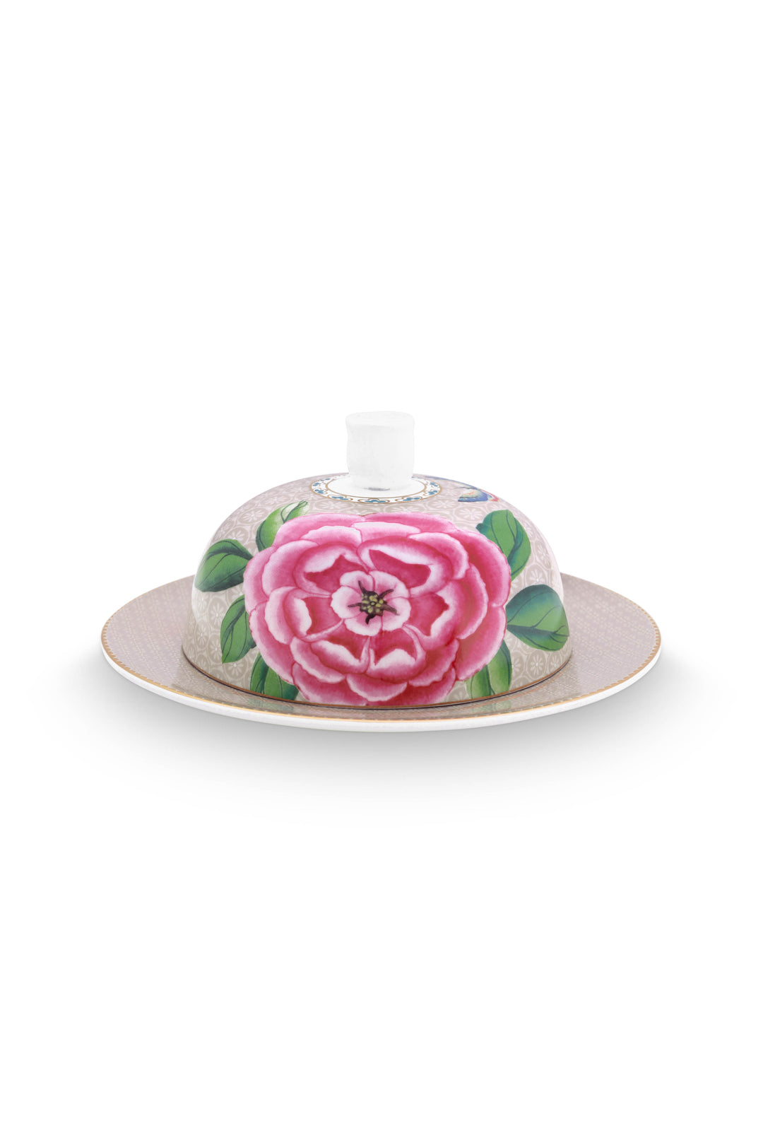Produktbillede af Butter Dish Round Blushing Birds Khaki 17x8cm på tilbud i høj kvalitet
