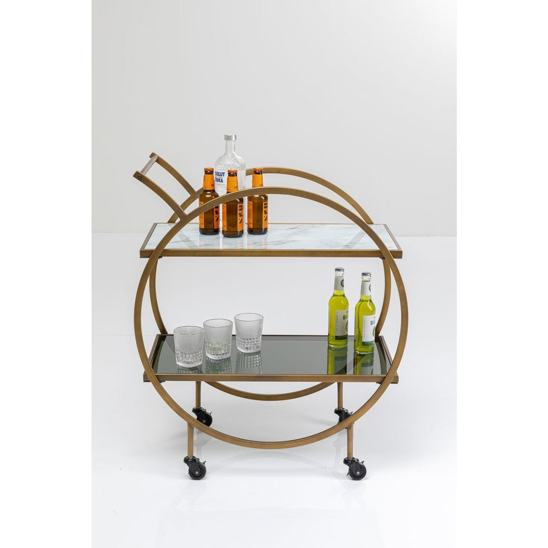 KARE DESIGN Loft rullebord messing stål/lysegrå laminat/farvet glas håndlavet m. hjul og hylde