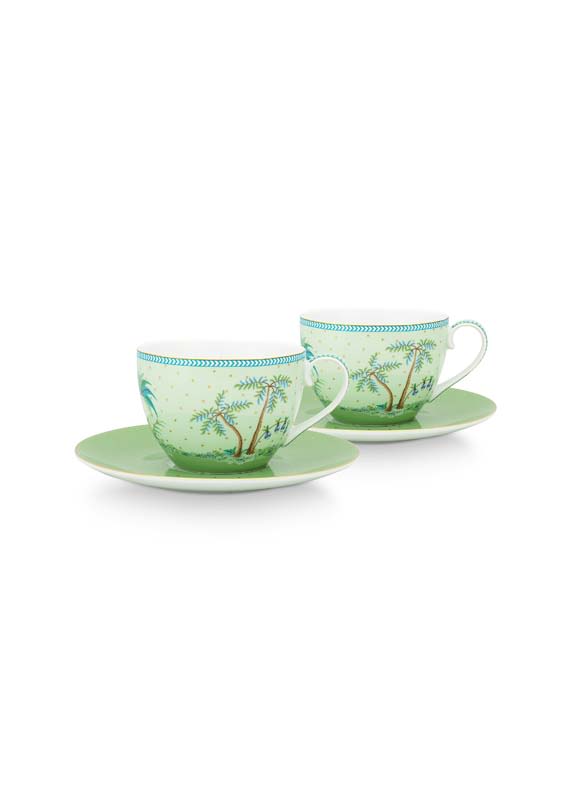 Produktbillede af Set/2 Cups & Saucers Jolie Gold Dots Green 280ml på tilbud i høj kvalitet