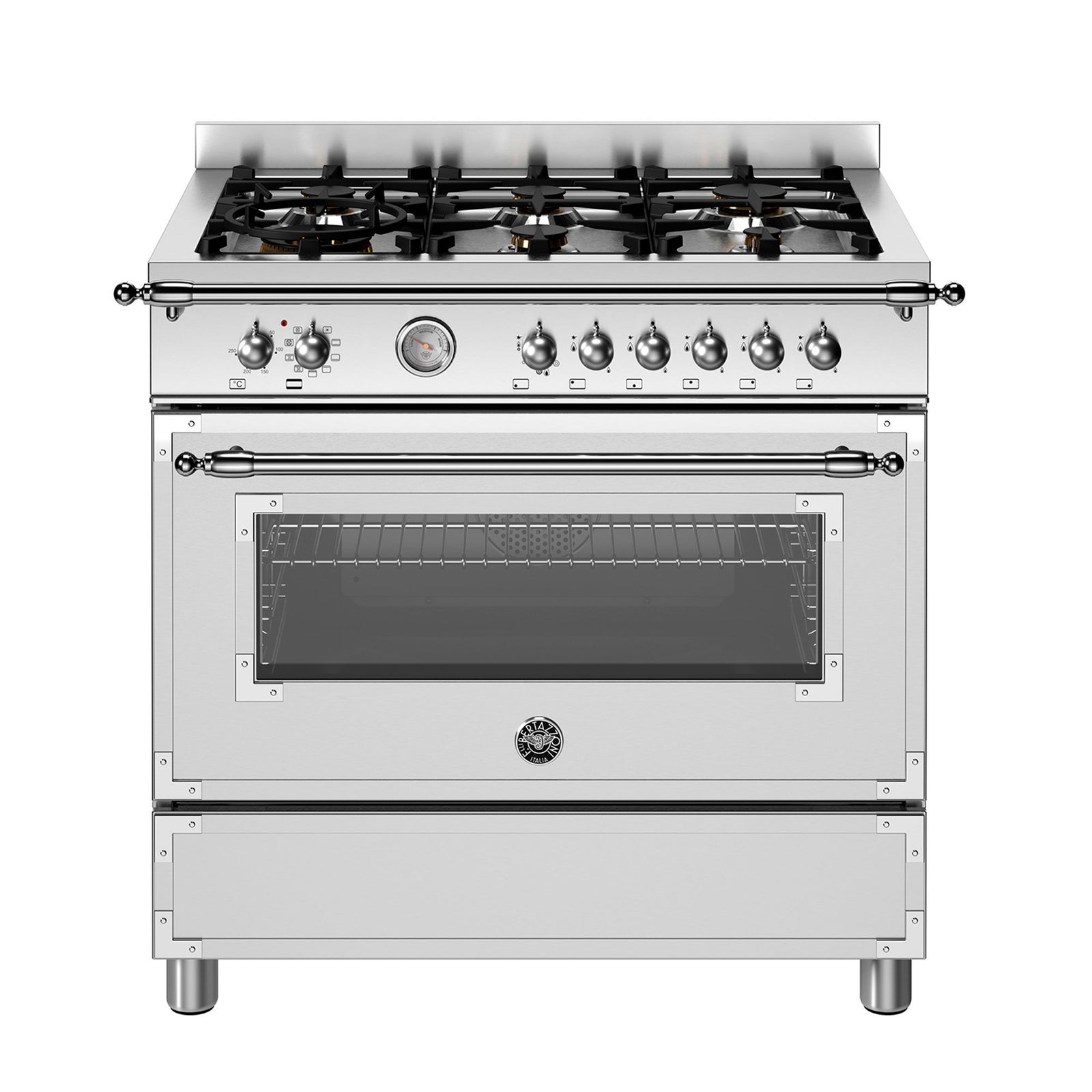 Bertazzoni Bertazzoni HER96L1EXT Heritage Gaskomfur 90 cm med enkelovn og 6 brændere, rustfrit stål – vinkelbillede (Gasblus)
