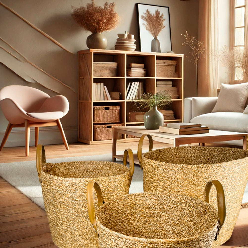 Produktbillede af Fletkurve 3 stk. i søgræs med kunstlæder håndtag (diameter 31 28 og 25 cm) på tilbud