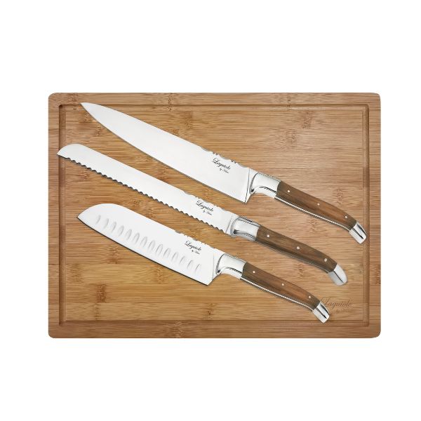 Laguiole By Haws 3 Knivsæt i Oliventræ Med Bambus Skærebræt Santoku + Kokke + Brødkniv
