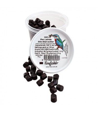 Detaljeret produktbillede af Kingfischer Ren lakrids 75 gr på tilbud