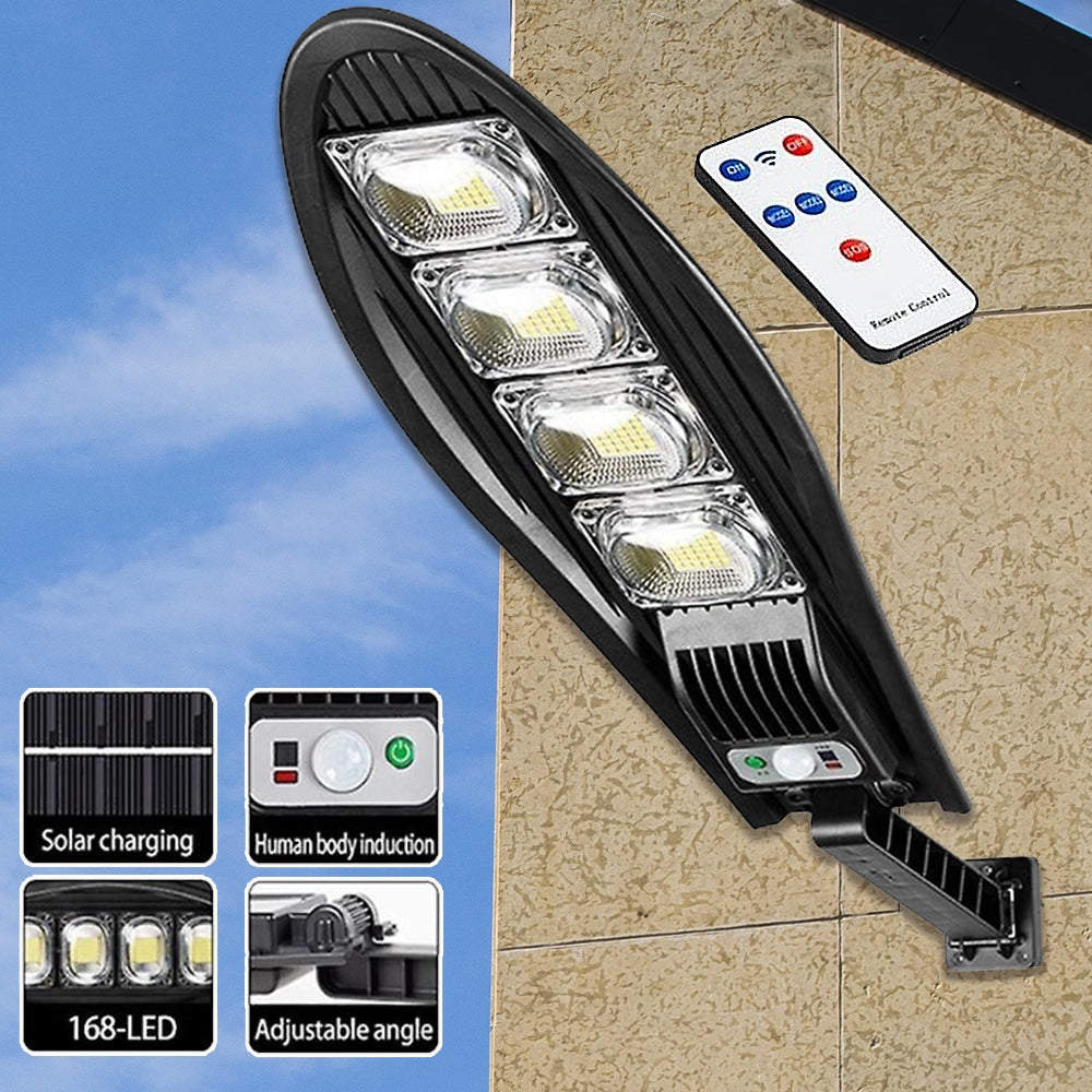 Produktbillede af LED Gadebelysning 80W 168LED m/PIR (infrarød bevægelsessensor) inkl. fjernbetjening solcelledrevet lys  på tilbud