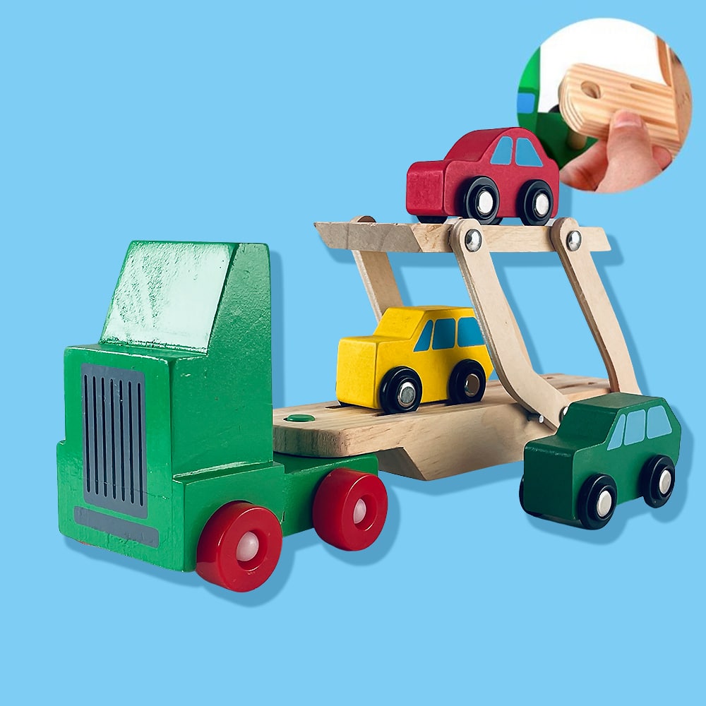 Produktbillede af Biltransporter i træ med 3 biler på tilbud