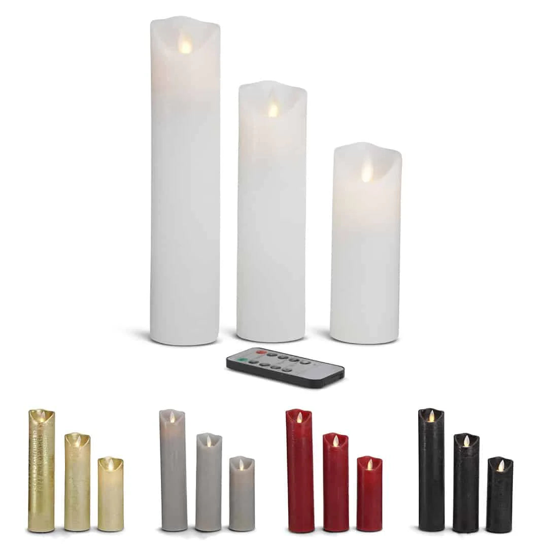 LED stearinlys 3 stk. 15/20/25 cm m/3D flamme (flere farver) Guld