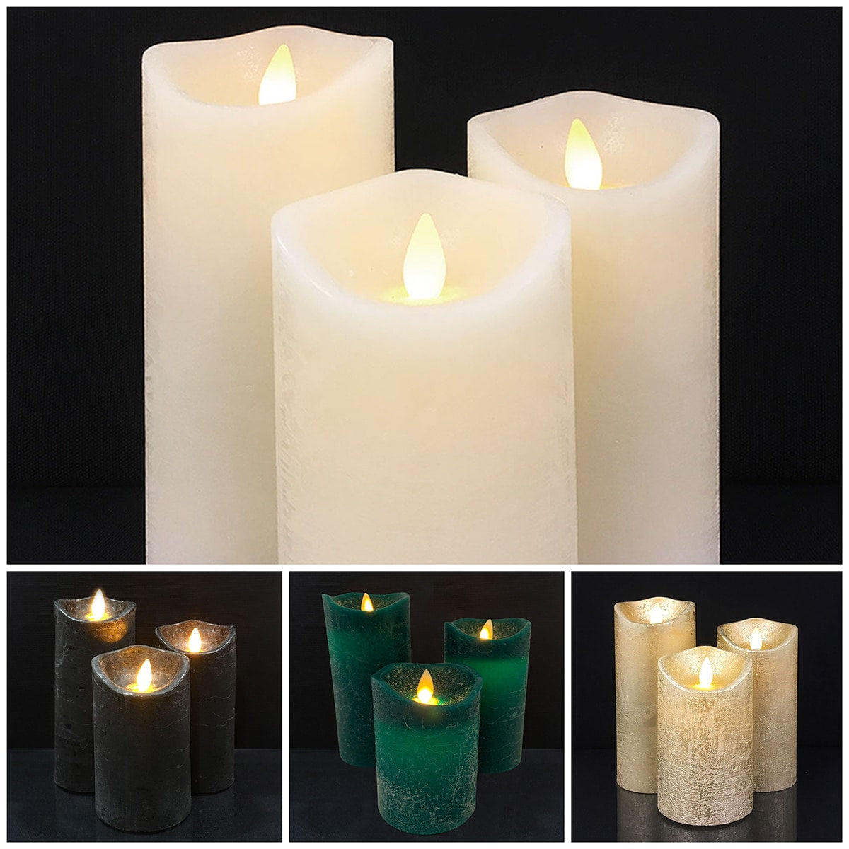Produktbillede af Køb LED blok stearinlys RUSTIK 3 stk. 10/12,5/15 cm m/3D flamme (flere farver) Lysegrøn på tilbud