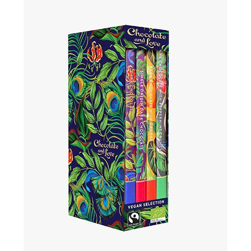 Produktbillede af Chocolate and Love Library Box Vegan chokolade 4 var. Ø Panama,Rich Dark,Mint & Orange 320g. på tilbud