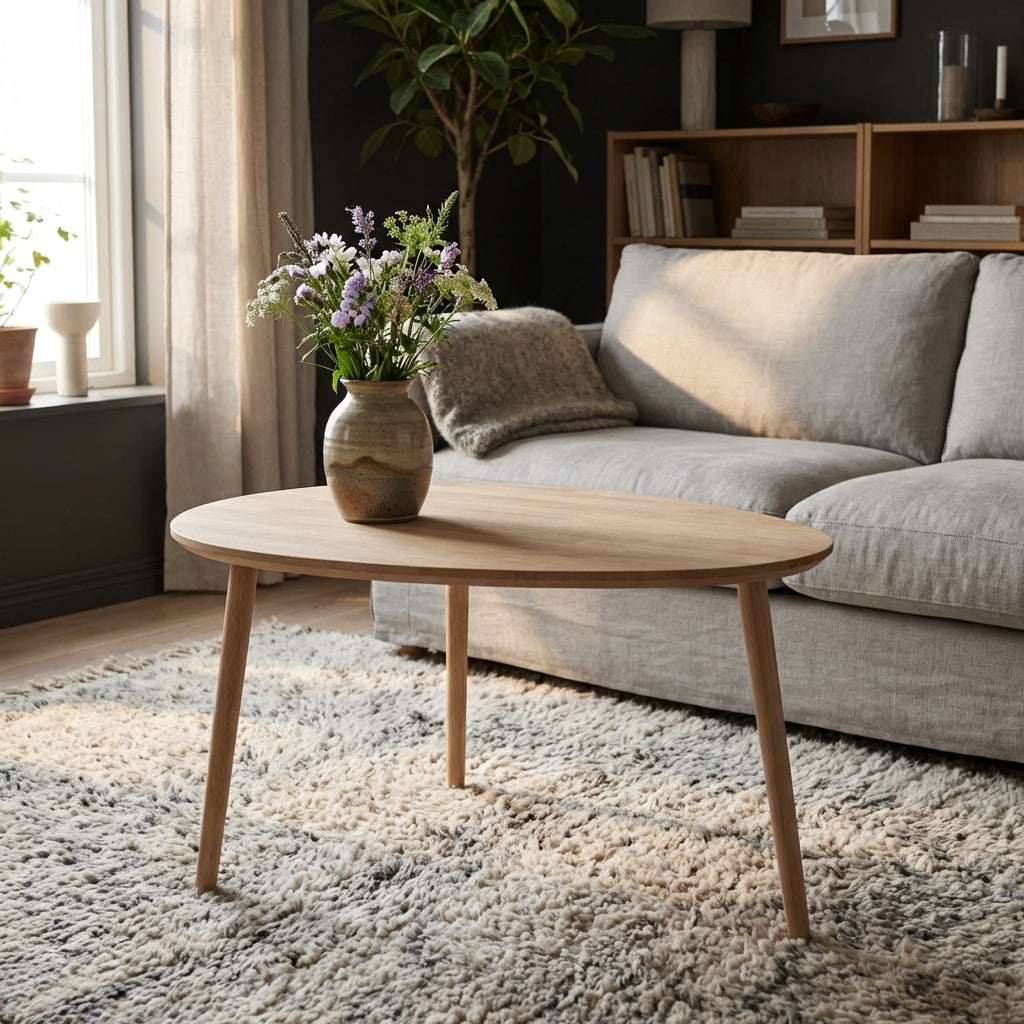 CT 10 Sofabord i massiv eg med dråbeform og størrelse 74 x 55 cm Højde 40 cm Ubehandlet