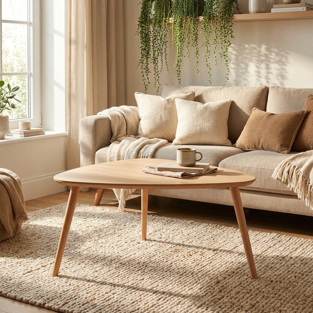 CT 10 Sofabord i massiv bøg med organisk trekantet form og størrelse 118 x 82 cm Højde 40 cm Sæbebehandlet