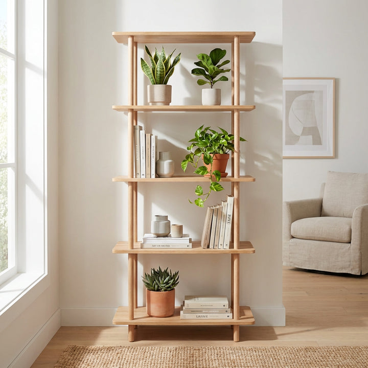 Loop Reol med fem hylder i massiv eg og bredde 70 cm Lakeret