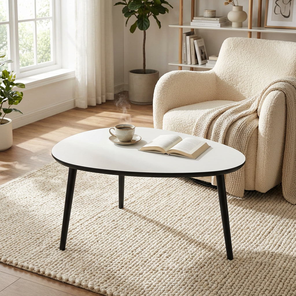 CT 20 Dråbeformet sofabord i hvid laminat med sorte træben vælg mellem 3 størrelser 89 x 66 cm Højde 45 cm