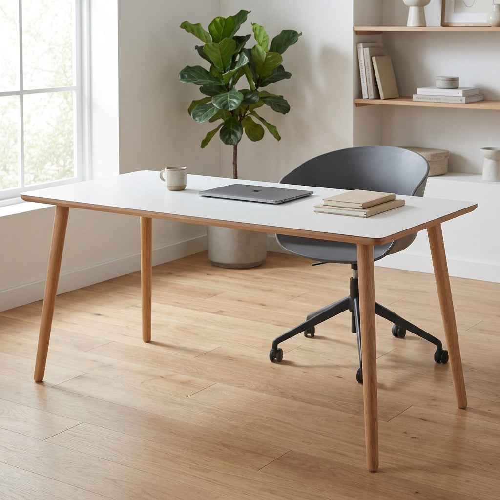 Dimm Skrivebord hvid højtrykslaminat ege ben 140 x 70 cm Hvid laminat