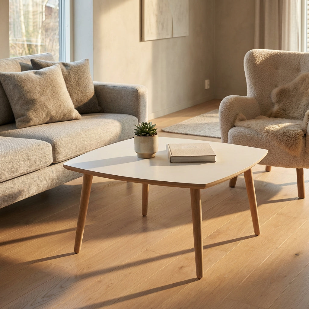 Boot Sofabord i hvid laminat med egeben vælg mellem 4 størrelser 80 x 80 cm Højde 45 cm
