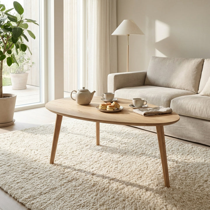 CT 10 Sofabord i massiv eg med dråbeform og størrelse 89 x 66 cm Højde 50 cm Ubehandlet