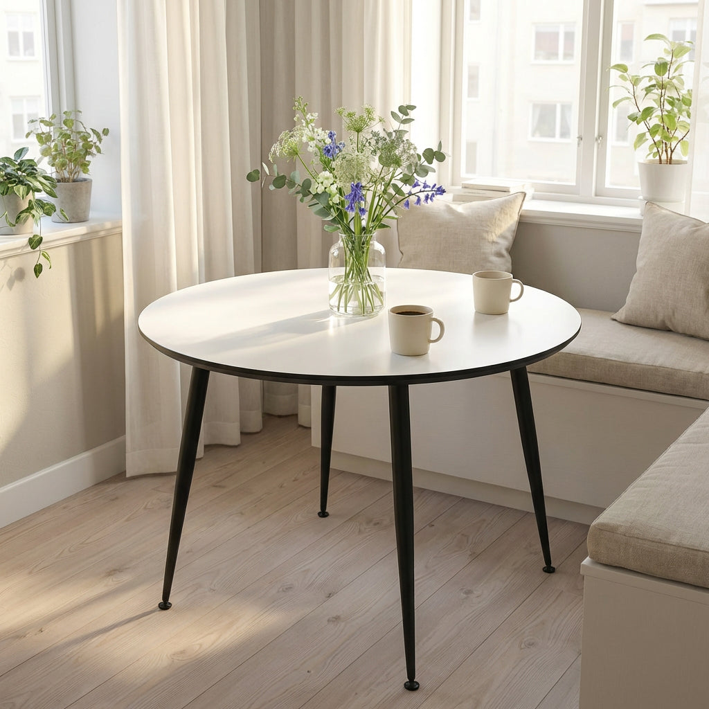 DT 110 Spisebord i hvid laminat med sorte metal ben Rund ø 90 cm