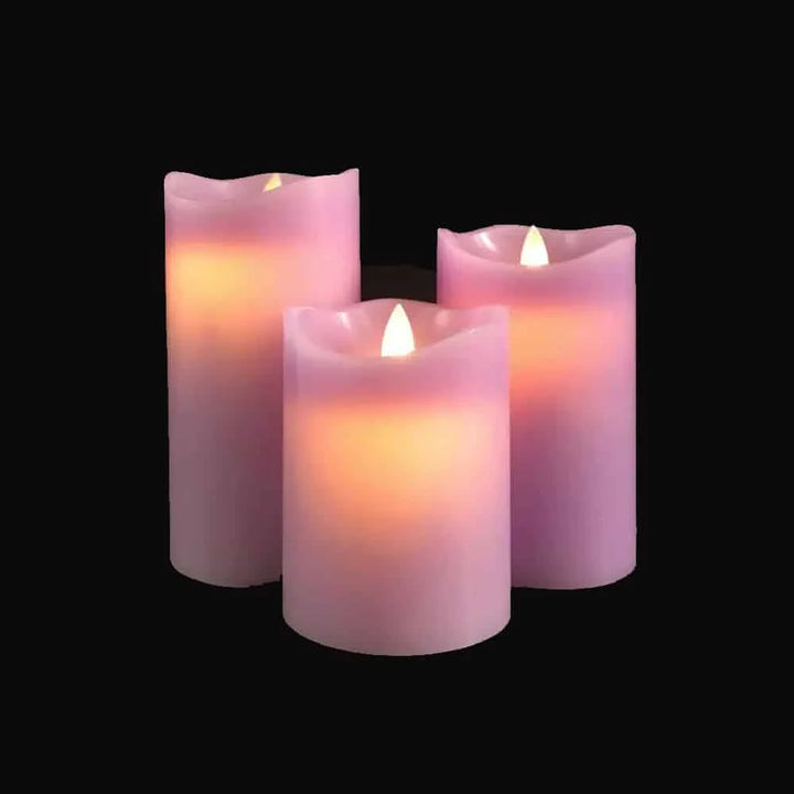 LED blok stearinlys 3 stk. 12/15/17 cm m/3D flamme (Flere farver) Lilla