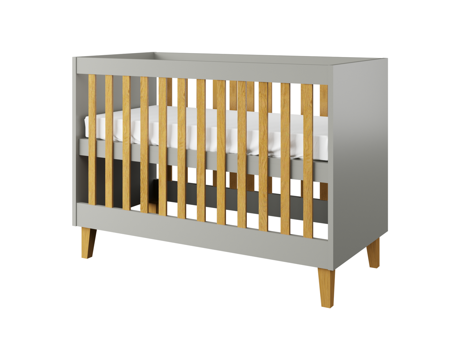 Produktbillede af Kubi tremmeseng til baby uden madras grå laminat og natur eg 120x60 i premium kvalitet