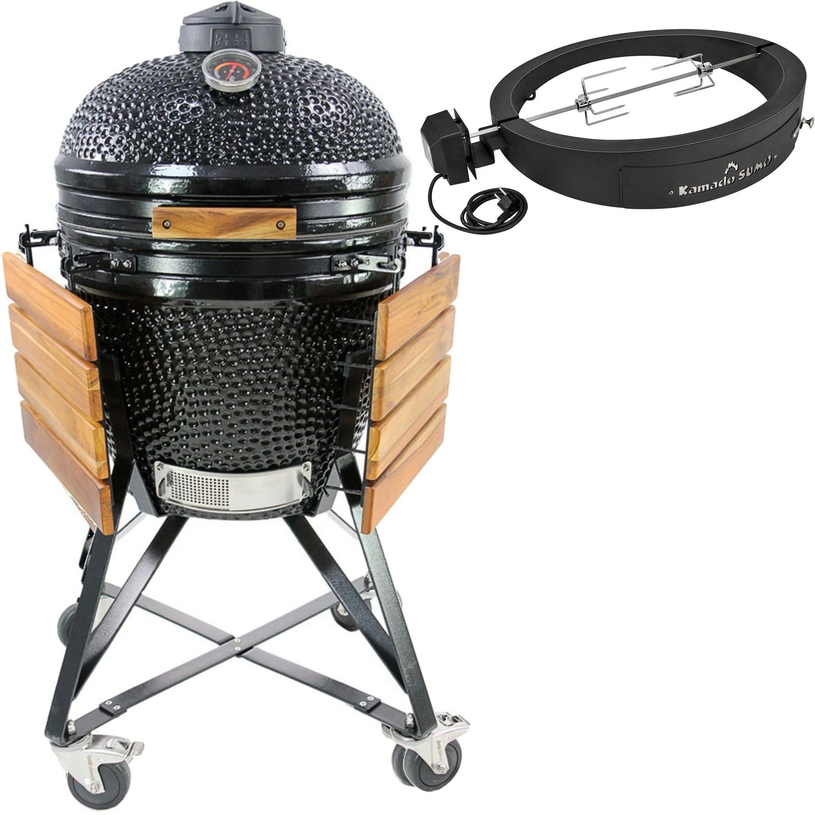 Kamado sumo Kamado sumo SUMO Midi + Grillmesterens rotisseri og pizzaovn, sort – billede i brug (Grill sæt)