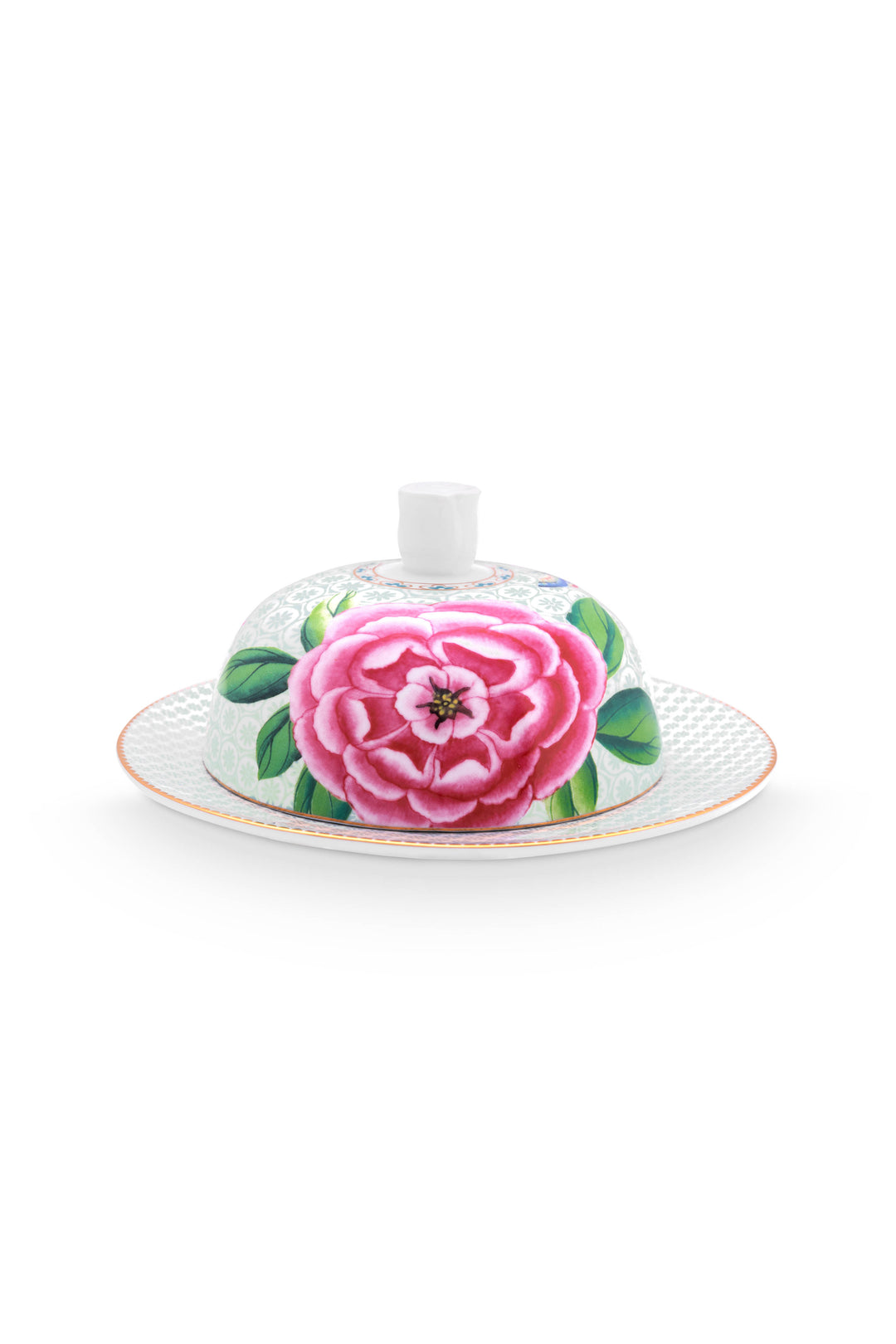 Produktbillede af Butter Dish Round Blushing Birds White 17x8cm på tilbud i høj kvalitet