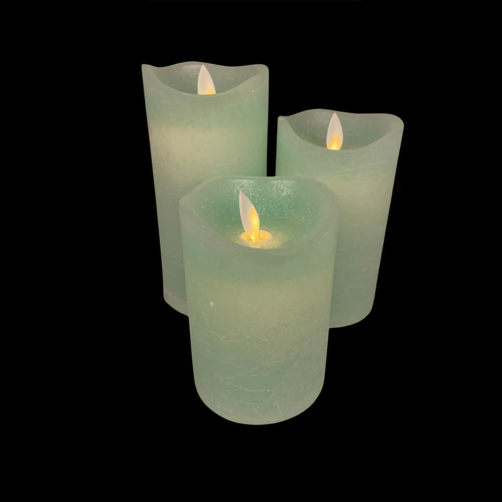 LED blok stearinlys RUSTIK 3 stk. 10/12,5/15 cm m/3D flamme (flere farver) Lysegrøn
