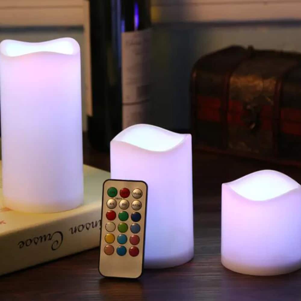 Produktbillede af Køb LED stearinlys 3 stk. 7.5/11.5/15 cm m/fjernbetjening m/farveskift på tilbud