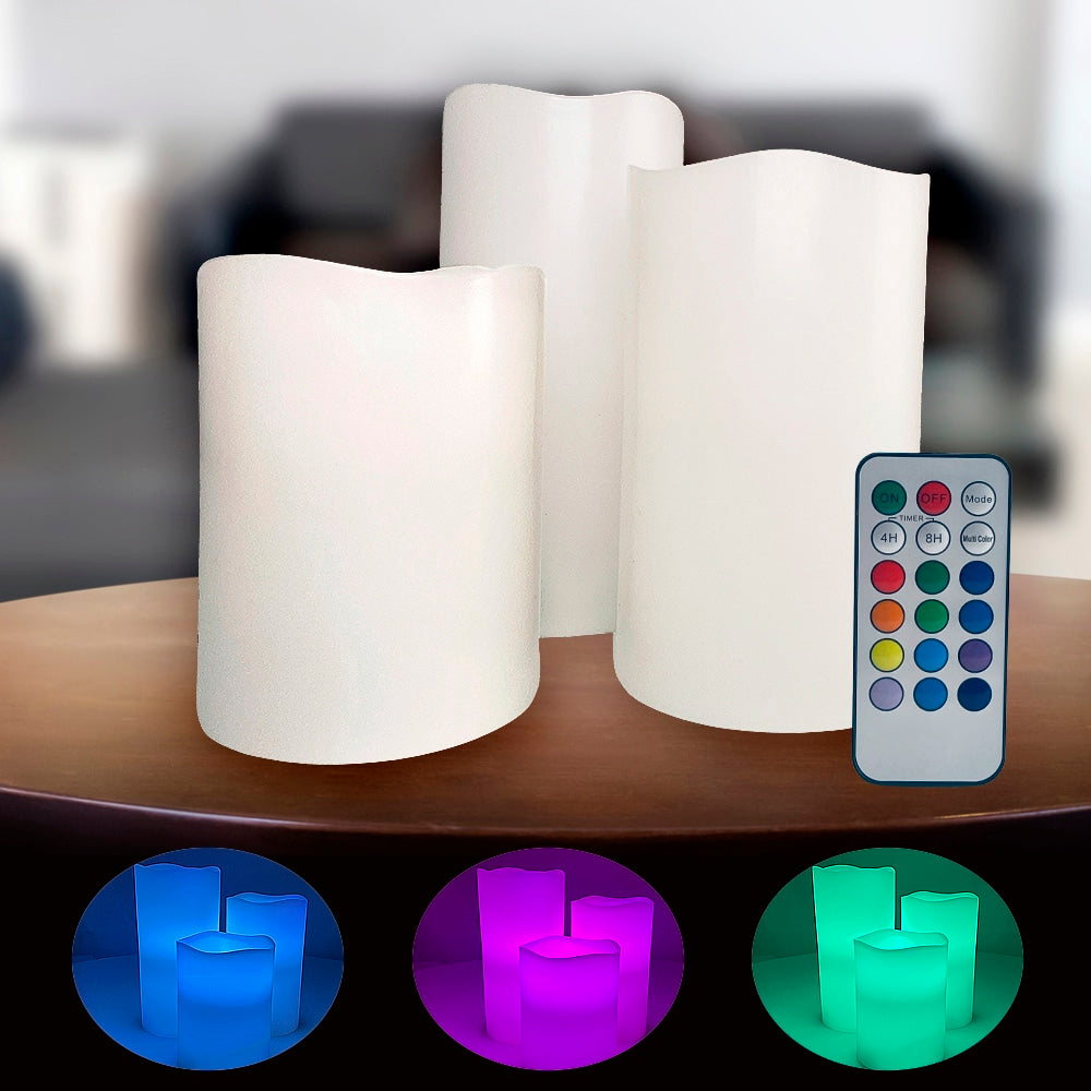 Produktbillede af Køb LED stearinlys 3 stk. 15/12/10 cm m/fjernbetjening 12 forskellige farver på tilbud