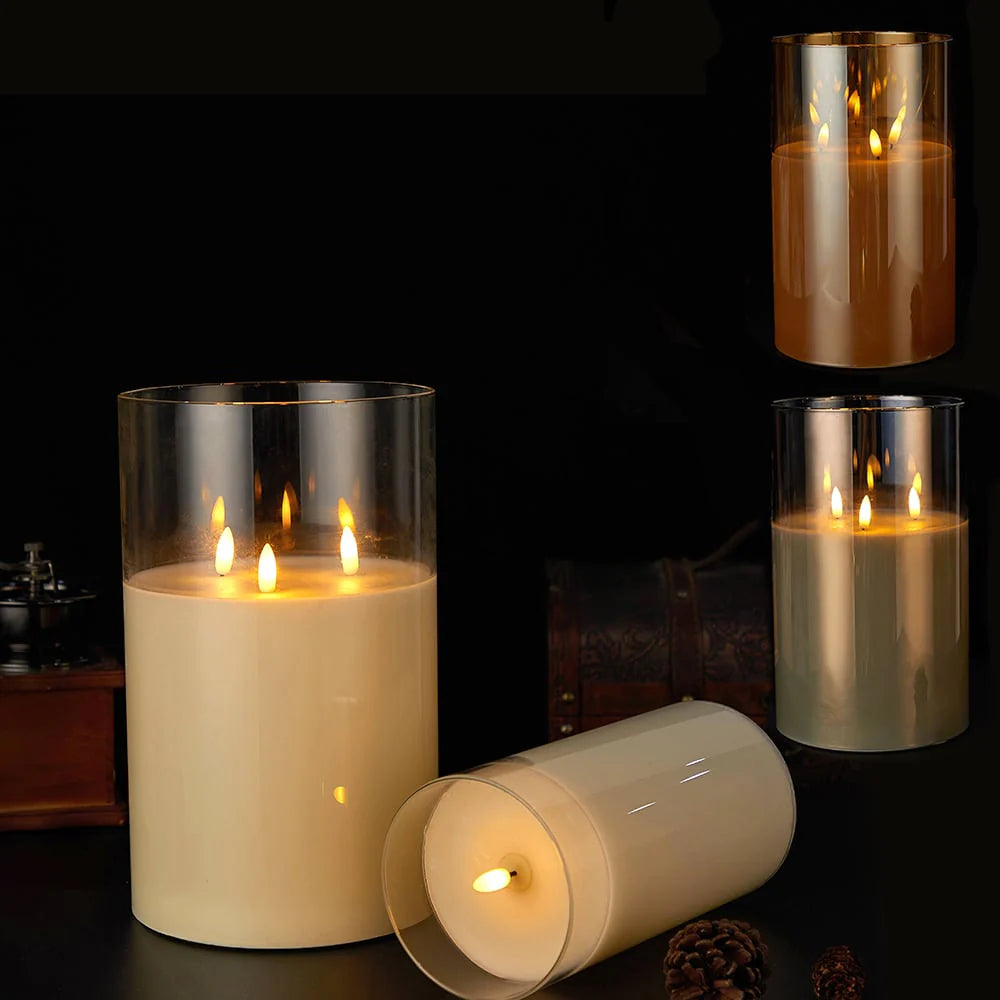 LED Stearinlys med 3 flammer 1 stk. Ø15 x 25 cm Guld Grå eller Hvid Guld