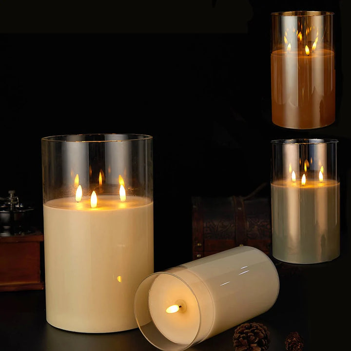 LED Stearinlys med 3 flammer 1 stk. Ø15 x 25 cm Guld Grå eller Hvid Guld