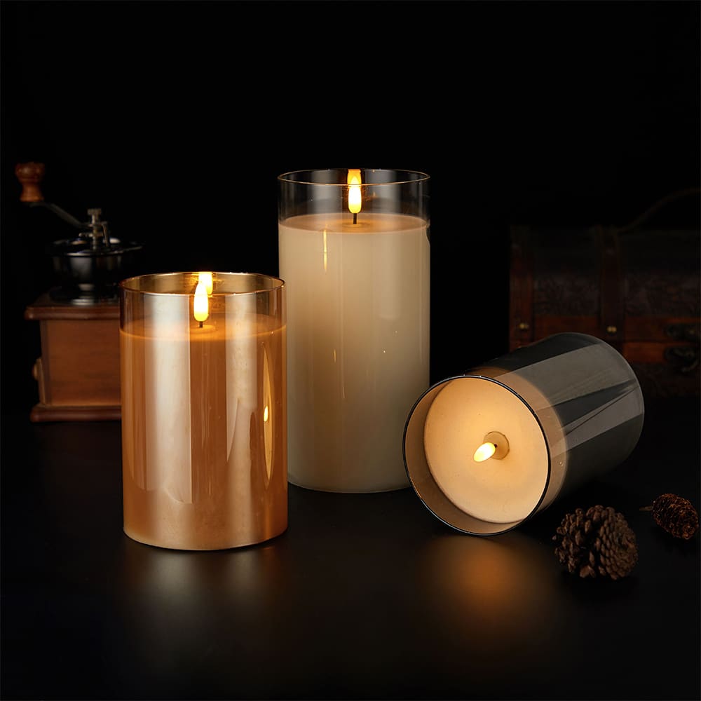 Produktbillede af LED Stearinlys i Glas ø10 x 15 cm Guld Grå eller Hvid Guld på tilbud